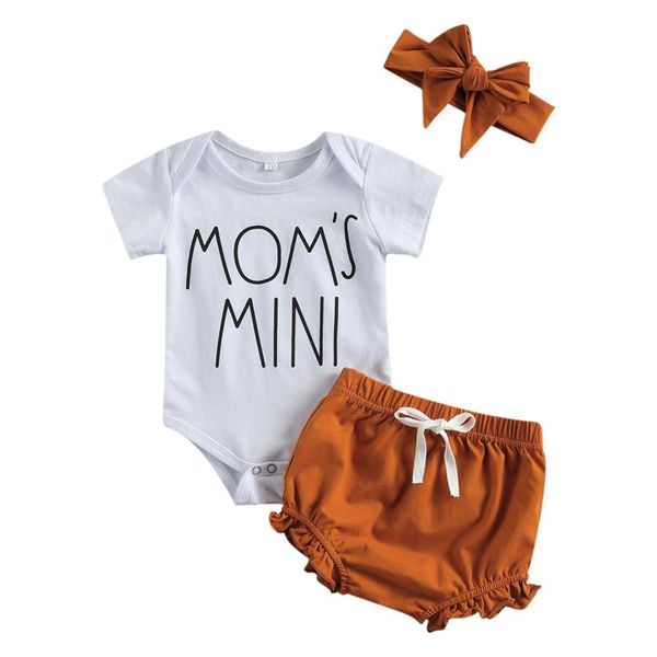 3pcs baby girl clothing short sleeve set letter print solid color pants and hairband 3-piece suit girls clothes outfit sets, White